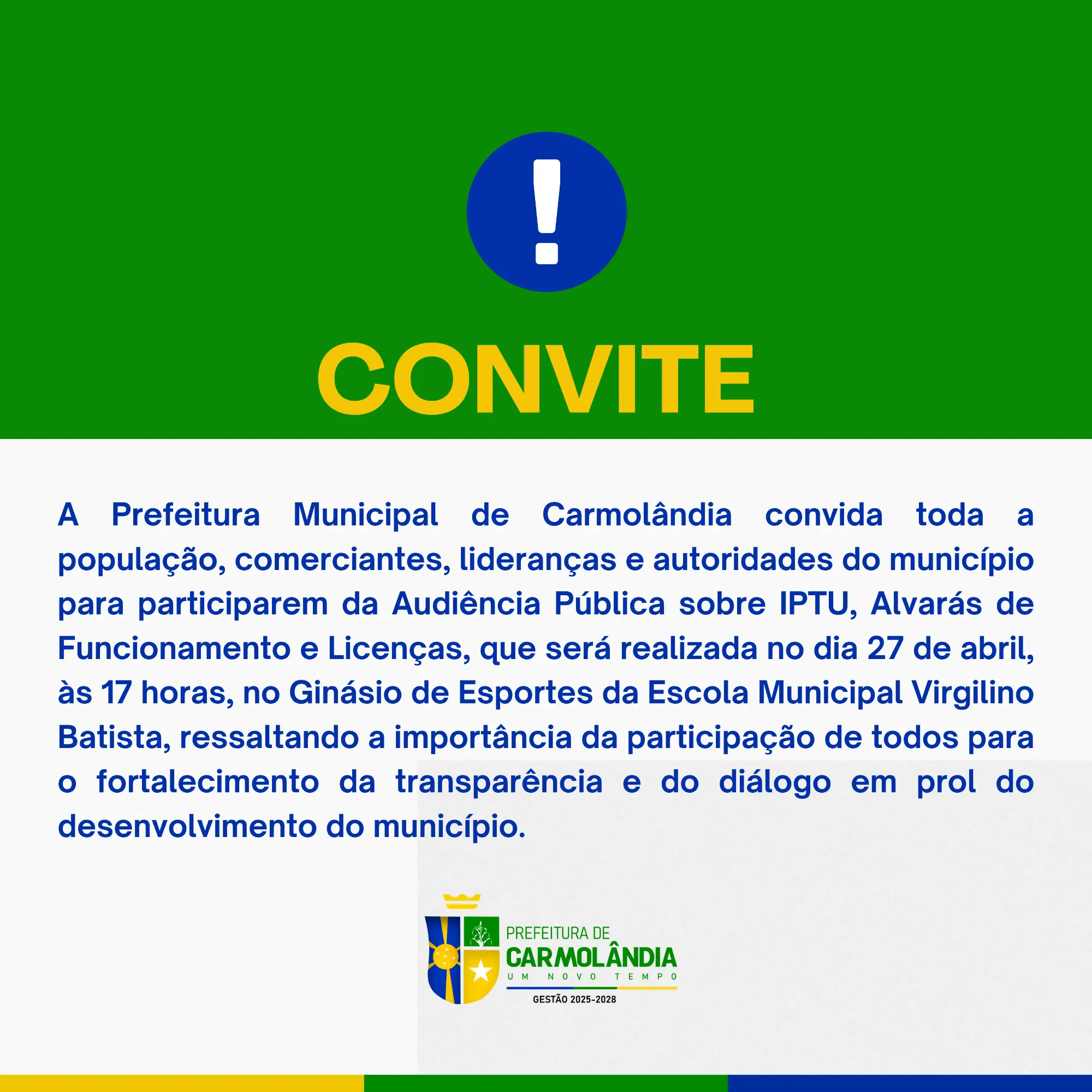 Audiência Pública em Carmolândia debaterá IPTU, Alvarás e Licenças com a participação da comunidade